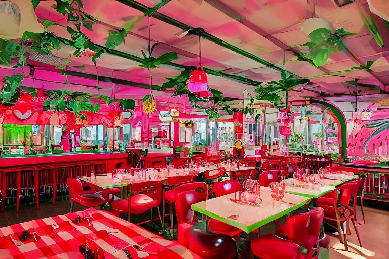 Image similar to 1 9 8 5 watermelon themed diner, very busy with full tables, fruitcore, watermeloncore, one point perspective, americana, restaurant interior photography, 5 5 mm