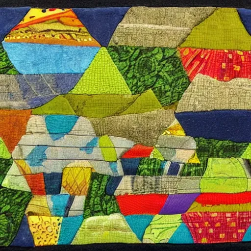 Image similar to a balloon from above, made from patchwork of several pattern cloths, over a landscape of different vegetable crops and some trees. High quality, crayon drawing, aware winning, nostalgic