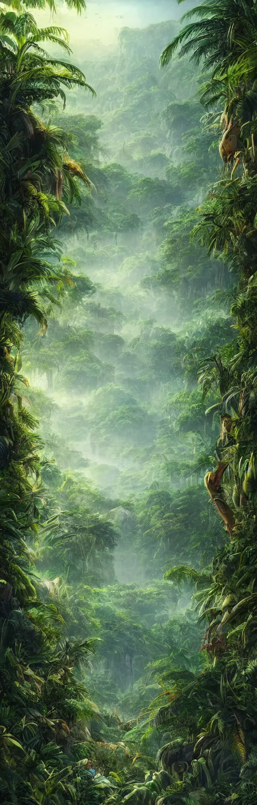 Image similar to painting of a jungle scene on an alien planet by vincent bons. ultra sharp high quality digital render. detailed. beautiful landscape. weird vegetation. water.