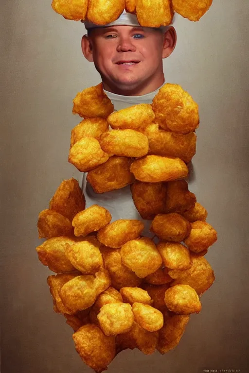 Image similar to channing tatum in a tater tot costume, oil on canvas, intricate, portrait, 8 k highly professionally detailed, hdr, cgsociety