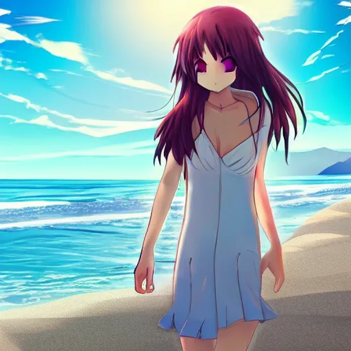 Prompt: anime girl in a beach walking toward the ocean, extremely detailed, sunny, pretty, sparkling sand, anime, waves, cinematic lighting, beautiful,