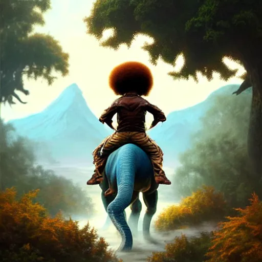 Image similar to bob ross!!! riding!!! a dinosaur!!, giant afro!, model pose, ultra realistic, concept art, intricate details, highly detailed, photorealistic, octane render, 8 k, unreal engine octane render art by artgerm and greg rutkowski and alphonse mucha