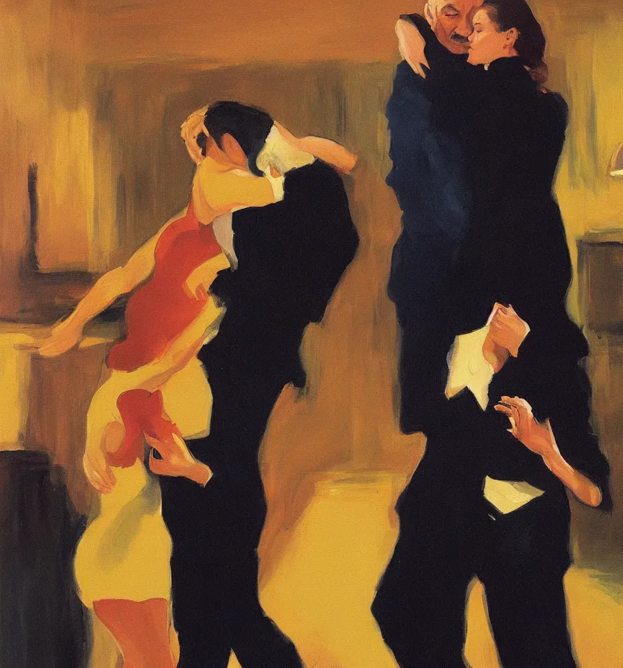 Image similar to A emotional painting of Romy Schneider and Patrick Stewart dancing Tango in a moody spanish club inspired by Edward Hopper and Gustave Courbet.