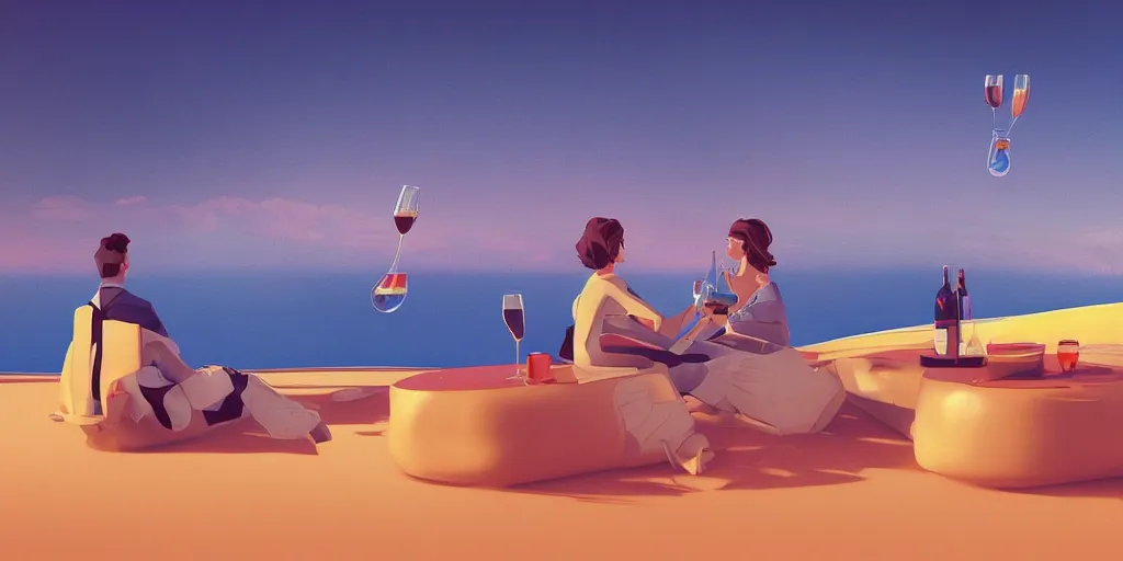 Image similar to a man and a woman floating on a cloud having a drink of Champaign high in the sky above Sint-Marteen and , naive artstation, matte painting, goldenhour, unreal engine scenic environment by James Gilleard