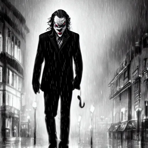 Prompt: black in white joker walking in the rain, night life buildings, sad mood, low angle, realistic, intricate, detailed, digital art, 4 k, 8 k, wallpaper, artstation trending
