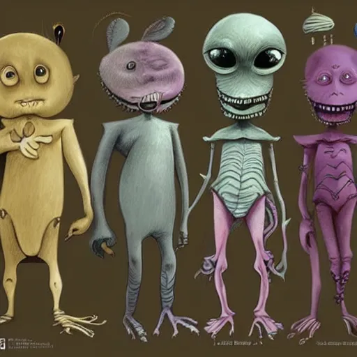Prompt: Childrens Character design Concept arts created by Tim Burton, art station, highly detailed,