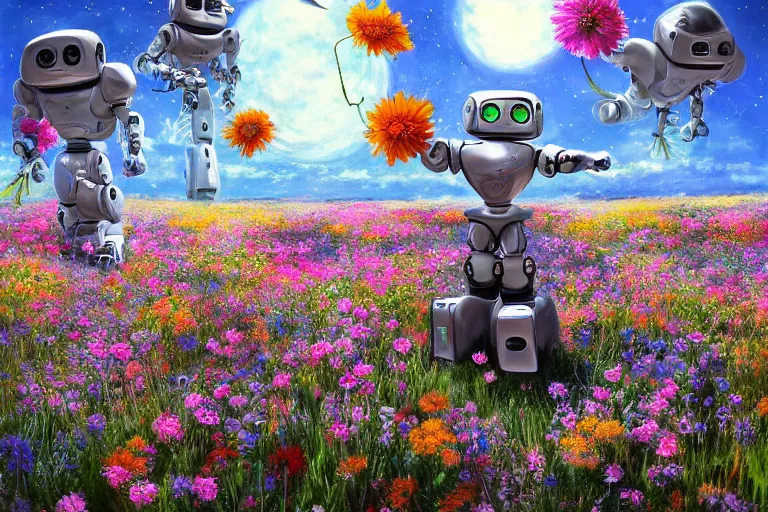 Image similar to beautiful painting ( ( robot dogs ) ) playing in a stunning field of flowers, blue sky, huge multiple moons by phil foglio and vincent dutrait, trending on artstation, hdr