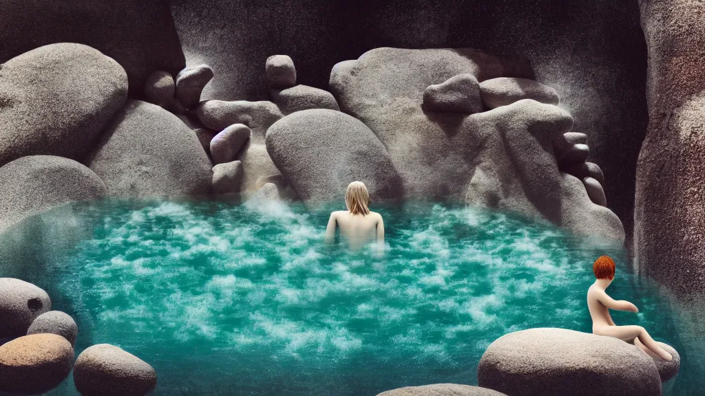 Image similar to a bather at a steaming natural hot spring in a nook of river stones, in an epic valley, japan, a collage painting, in the style of wes anderson, lola dupre, david hockney, isolated on negative white space background dark monochrome neon spraypaint accents volumetric octane render