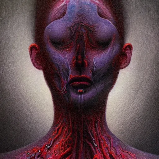 Image similar to dramatic portrait painting of woman with black mandelbrot fractal instead of face, in style of zdzisław beksinski, horror, body horror, dark, disturbing,