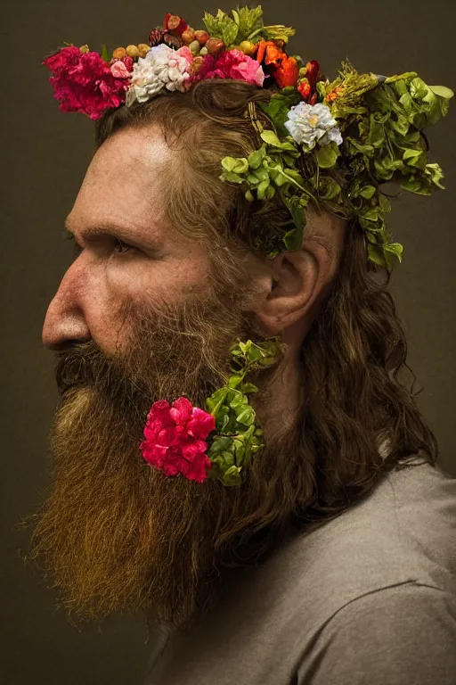 Prompt: an Irish man's face in profile, long beard, made of flowers and fruit, in the style of the Dutch masters and Gregory crewdson, dark and moody