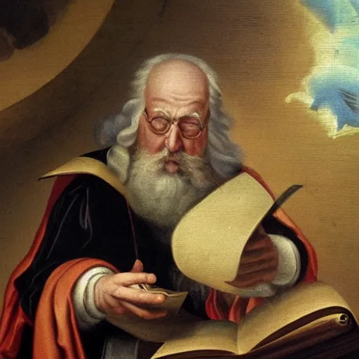 Prompt: A baroque painting of a weary old scholar scrolling through Twitter on his mystical orb