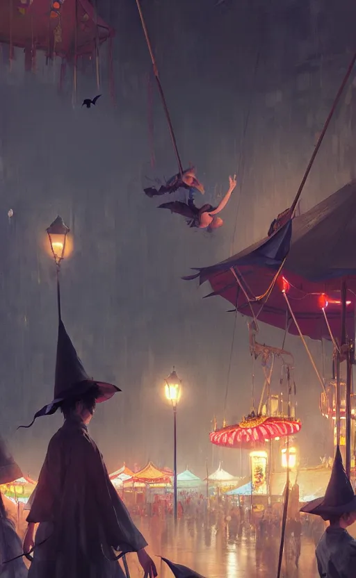 Image similar to close - up of student witches exploring and patrolling around a small carnival amusement, food stalls, big top circus tent, roaming entertainers, flashing lights, highly detailed, magical, japan mountains, digital painting, concept art, matte, art by ruan jia and wlop and greg rutkowski and makoto shinkai, masterpiece