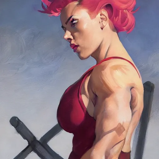 Image similar to greg manchess portrait of scarlett johansson as roided thick very muscular weightlifter zarya from overwatch with short blond hair and ponytail, fantasy, medium shot, asymmetrical, profile picture, organic painting, sunny day, matte painting, bold shapes, hard edges, street art, trending on artstation, by huang guangjian and gil elvgren and sachin teng