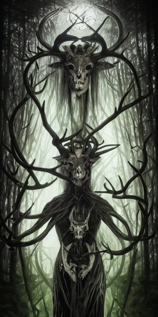 Image similar to intense glowing black metal pagan god with antlers and fangs and intense glowing eyes with a goat skull in very dark forest by marco mazzoni and alphonse mucha, portrait, fantasy, clear, light beams, lens flare, intense, uhd, amazing depth, cinematic lighting