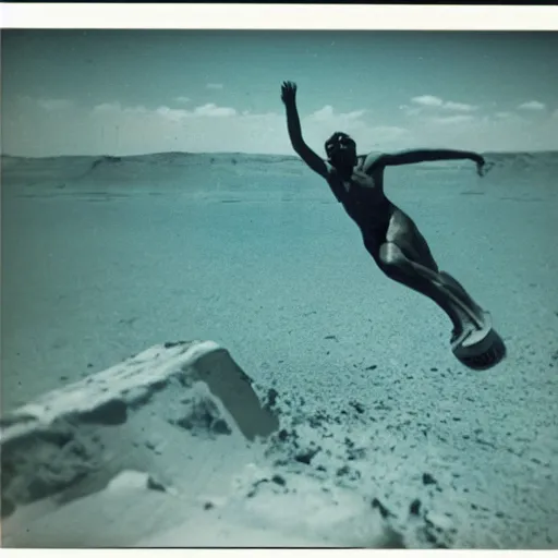 Prompt: the first giant canary on Mars bodysurfing in the first wave pool on Mars photo 1970s Polaroid