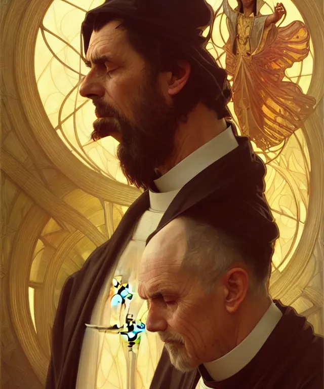 Image similar to a greedy preacher, an evil Catholic priest, portrait, intricate, elegant, highly detailed, digital painting, artstation, concept art, smooth, sharp focus, illustration, art by artgerm and greg rutkowski and alphonse mucha