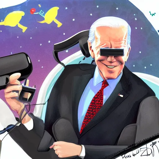 Image similar to : president biden wearing vr goggles, digital art, illustration, art station