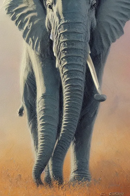 Image similar to spiritual twin flame elephant art, dusk hue, highly detailed, oil painting, by craig mullins