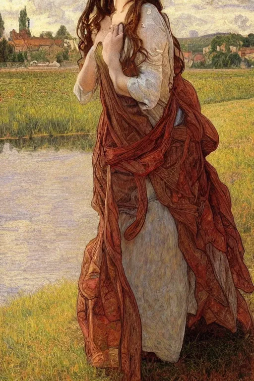 Image similar to beautiful natural coy liv tyler cottagecore peasant maiden farmer girl by the riverside, intricate, elegant, highly detailed, digital painting, artstation, concept art, smooth, sharp focus, illustration, art alphonse mucha and james gurney and egon schiele