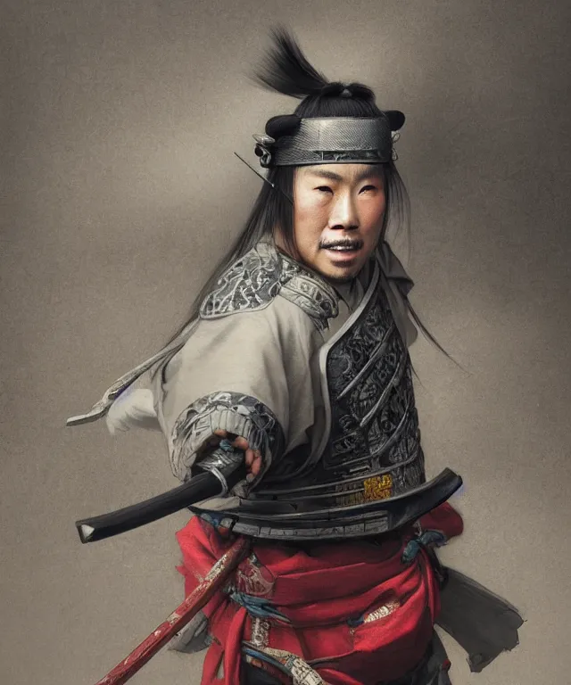 Prompt: Portrait of a samurai from the warring states era Japan, highly detailed, digital painting, artstation, concept art, smooth, sharp focus, illustration by Artgerm and Greg Rutkowski and Tom Bagshaw