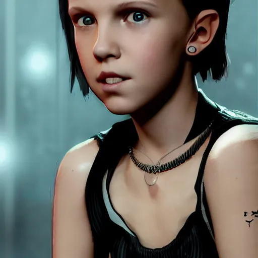 Image similar to Portrait of happy Millie Bobby Brown by Yoji Shinkawa, octane render