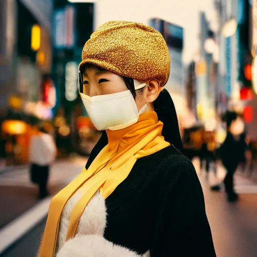 Image similar to japanese female balaclava face mask with golden necklace and kimono, photo portrait, beautiful female model, tokyo, city neon light, bokeh, long exposure, kodak promax 4 0 0, sony lens