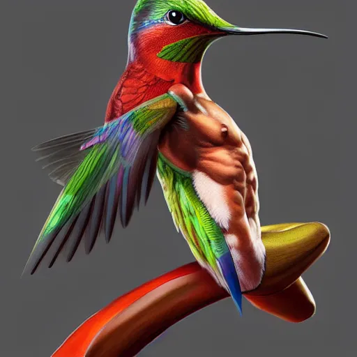 Prompt: muscular hummingbird, unreal engine realistic render, smooth, sharp focus, trending on artstation by artgerm, adams arthur, digital painting, by mike alfred