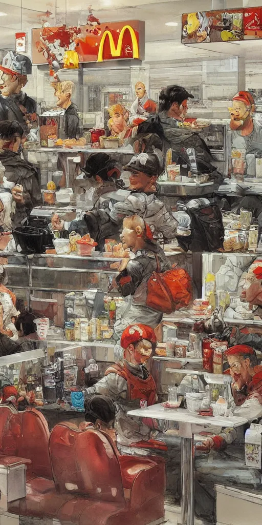 Prompt: oil painting scene from mcdonalds by kim jung gi