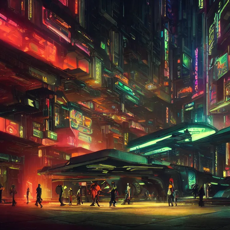 Prompt: scene of night life with people dressed in futuristic clothes, cyberpunk designs, vehicles, automations, and faint glows of vivid color, cinematic, highly detailed, intricate, from blade runner concept art, octane, cgsociety, by edward hopper and noriyoshi ohrai