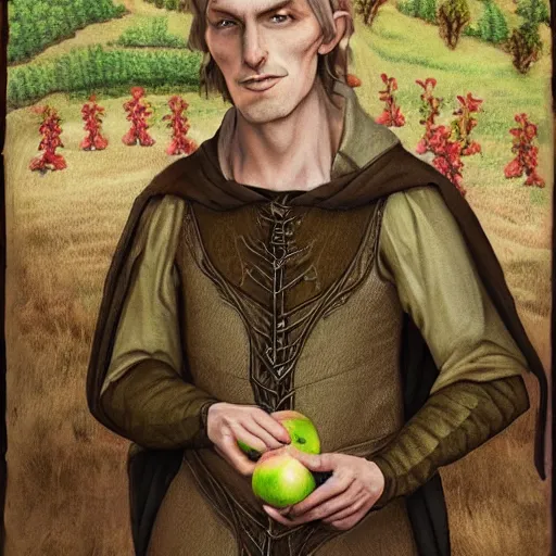 Image similar to portrait of a slender elven man, standing in an apple orchard, dressed in medieval clothes, very handsome, dungeons and dragons