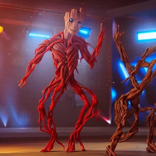 Image similar to groot and optimus prime dancing at techno party among people, wide shoot, after effect ultra realistic 3 d