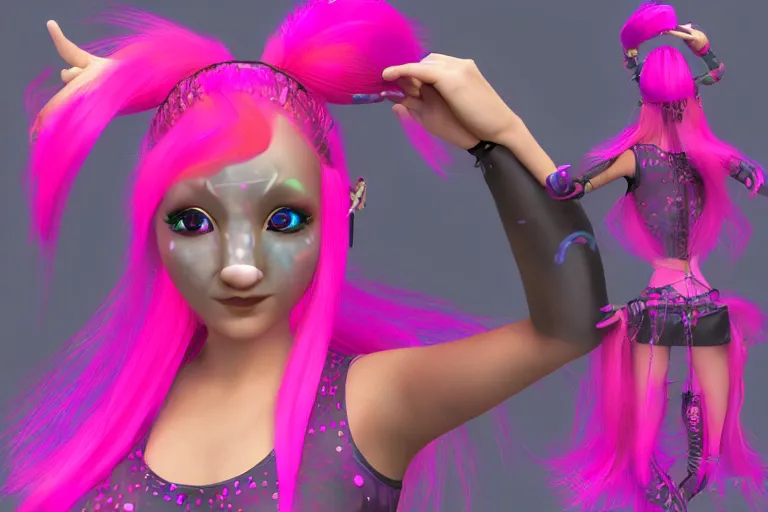 Image similar to 3d model of a girl avatar singer with pink float hair, rtx, rave party outfit