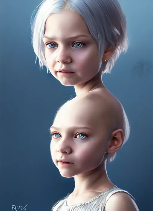 Image similar to Portrait of little girl, D&D fantasy, her hair is silver and styled in a Bob Cut, she has a joyful expression, and is wearing a lightly-colored dress. Intricate, highly detailed, digital painting, artstation, concept art, sharp focus, illustration, art by greg rutkowski and Ross Tran