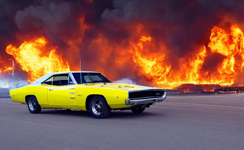 Image similar to a yellow 1 9 6 9 dodge charger daytona driving on a freeway. fire explosion in the background, action scen. realistic. high resolution. dramatic