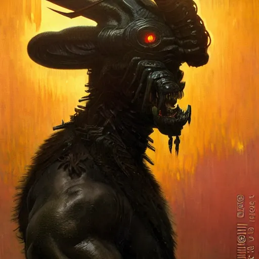 Image similar to menacing aggressive black creature made out of needles, archaic demon, in a gas station, aggressive fluorescent industrial lighting, extremely detailed digital matte painting buy Greg Rutkowski and Alphonse Mucha