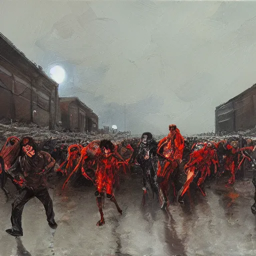 Prompt: Procession of the damned by Wayne Barlow, oil painting, detailed, clean brush strokes, wide angle, sinister horror