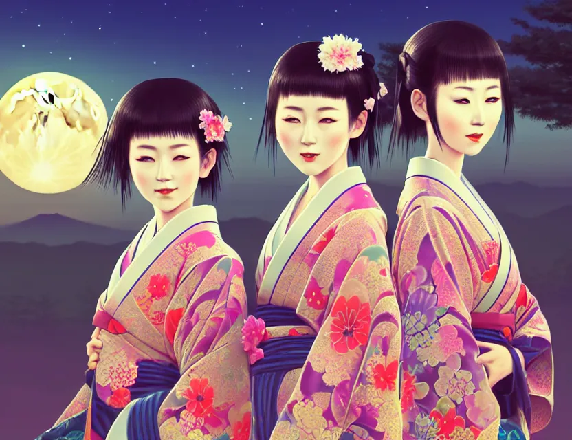 Image similar to two beautiful charming japan girls wear arty kimono in festival | | sunny night, full moon, dreamlike art, realistic shaded, smile, good looking, hyper details, 4 k realistic, cryengine, realistic shaded lighting poster by ilya kuvshinov, fuji choko, ross tran, 8 k resolution, trending on artstation, luxury