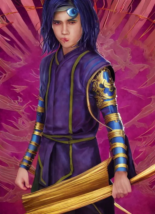 Image similar to An epic fantasy comic book style portrait painting of teenager boy with straight indigo hair, purple eyes with red eye markers, slim body, wearing a detailed Japanese kimono with golden armor pieces, holding a japanese fan. Unreal 5, DAZ, hyperrealistic, octane render, cosplay, RPG portrait, dynamic lighting