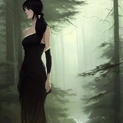 Image similar to portrait painting of female forest elf black hair, black dress, dramatic light, 8 k, by greg rutkowski, studio ghibli