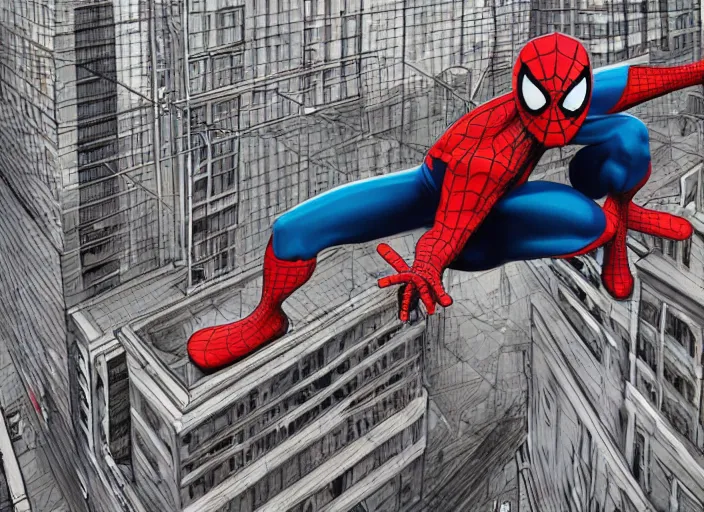 Prompt: three - point perspective illustration of a spiderman swinging across a city street, by kim jung gi, paul heaston, makoto shinkai, digital art, panaromic view. extremely wide angle shot, trending on art station, 4 k uhd image