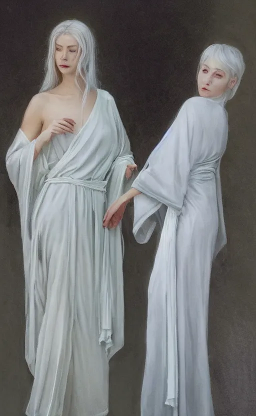 Prompt: thin angel with silver hair so pale and wan!, thin!, flowing robes, covered in robes, lone pale wan fair skinned goddess, wearing robes of silver, flowing, pale skin, young cute face, covered!!, clothed!! oil on canvas, style of lucien levy - dhurmer and jean deville, 4 k resolution, aesthetic!, mystery