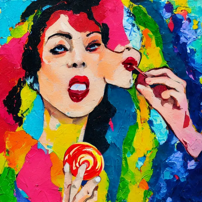 Image similar to portrait of beautiful woman licking a lollipop painted with colorful gouache impasto