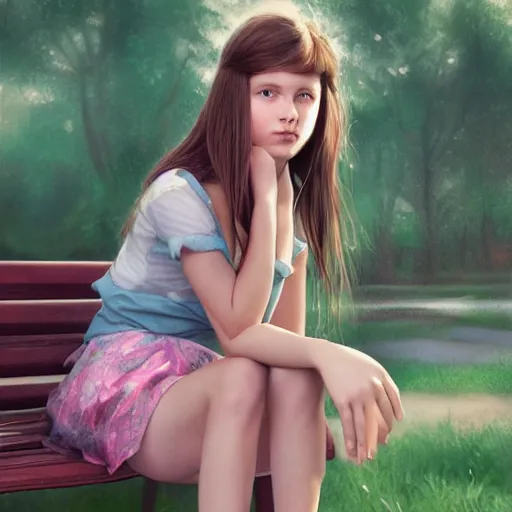 Prompt: hyperquality, photorealism of a teen girl, sitting on a bench wearing a flower skirt, very high quality face and body and hemp sandals, artgerm, artstation, extremely high quality, moody lighting, photography by deviantart, 8 k