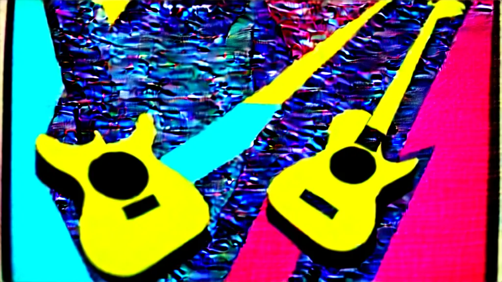 Prompt: advertisement poster of guitar from the future, multi color silk screen print made from commercial studio photo