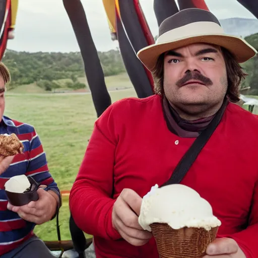 Image similar to jack black eating ice cream while riding in a hot air balloon with prince the musician, tv still, 8 k