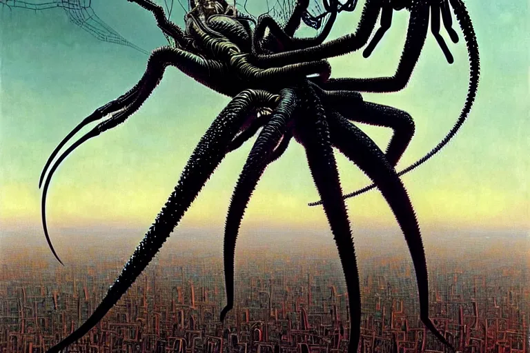 Image similar to realistic detailed portrait movie shot of a beautiful black woman riding a giant spider, dystopian city landscape background by denis villeneuve, amano, yves tanguy, alphonse mucha, max ernst, ernst haeckel, kehinde wiley, jean delville, david lynch, roger dean, cyber necklace, rich moody colours, sci fi patterns, dramatic, wide angle