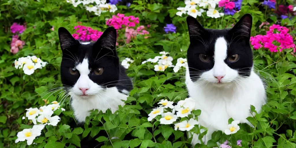 Prompt: a tuxedo cat with a white chin, black face, white whiskers and a white spade on his chest sitting in a flower bed