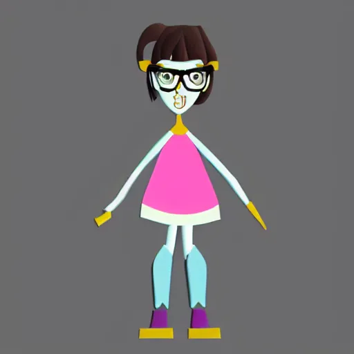 Prompt: design sheet for a cutout stop motion - animation character, a nerdy girl