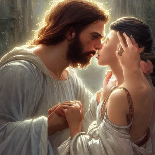 Image similar to jesus kissing a maria maddalena, intricate, elegant, highly detailed, digital painting, artstation, concept art, matte, sharp focus, illustration, art by artgerm and greg rutkowski and alphonse mucha