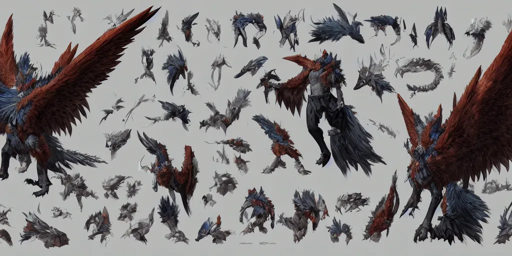 Image similar to Azure feathered winged wolf character design sheet, Monster Hunter Illustrations art book, big claws, huge wings, long tail, Moebius, Greg Rutkowski, Zabrocki, Karlkka, Jayison Devadas, Phuoc Quan, trending on Artstation, 8K, ultra wide angle, zenith view, pincushion lens effect.